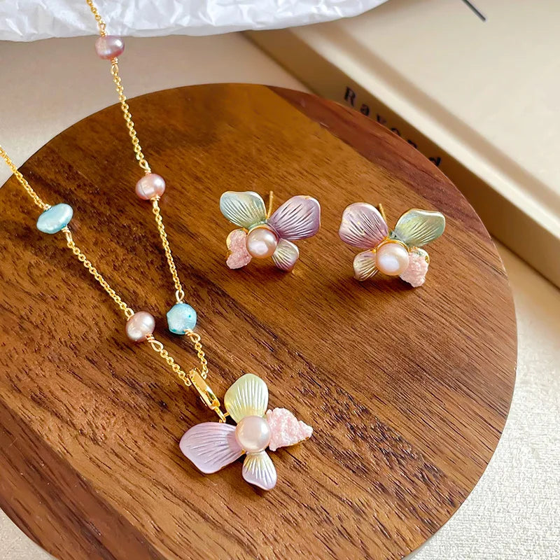 Colourful Drip Glaze Jewellery Set Women's Pendant Necklace Earrings Natural Real Pearls Inlaid Petal Floral Design Sweet Trendy