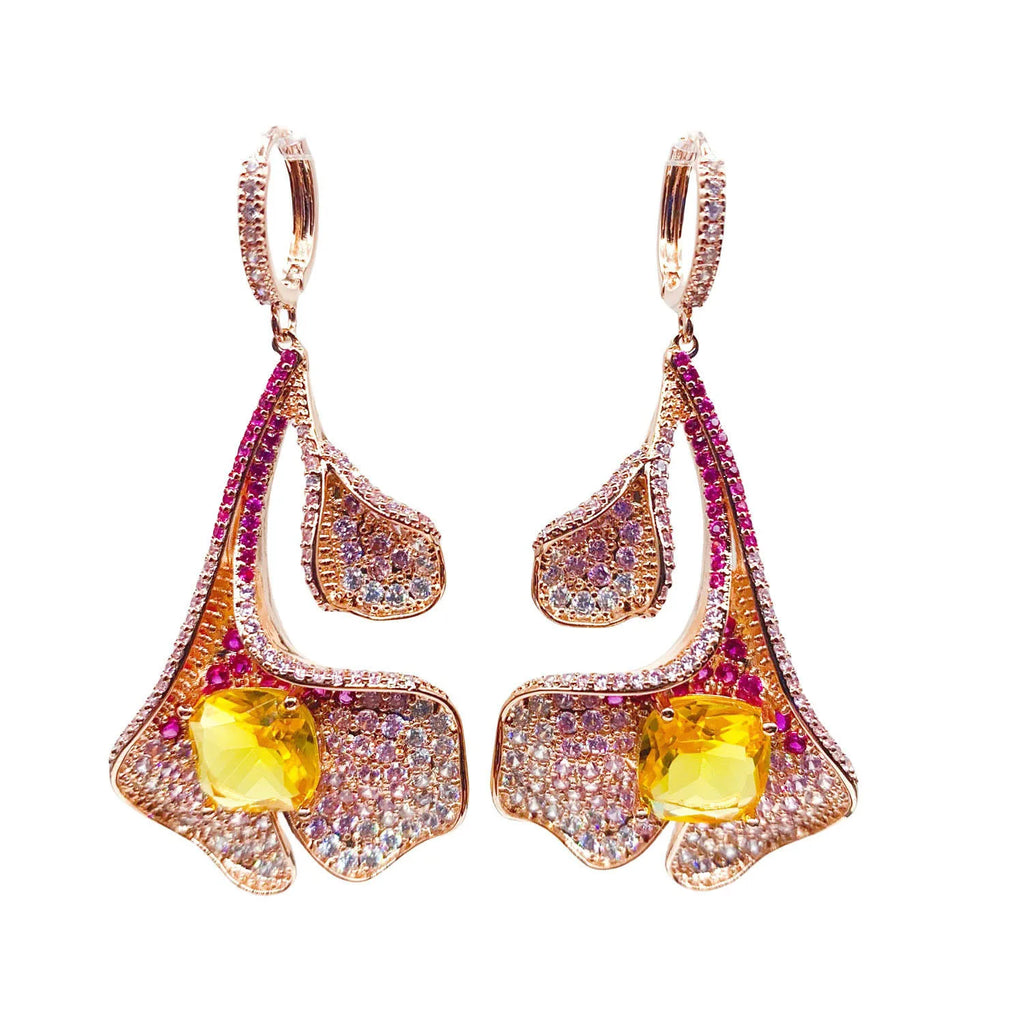 wedding bride earrings luxury jewelry shiny zircon pink blue petals pendant earrings women dinner party gown jewelry gift