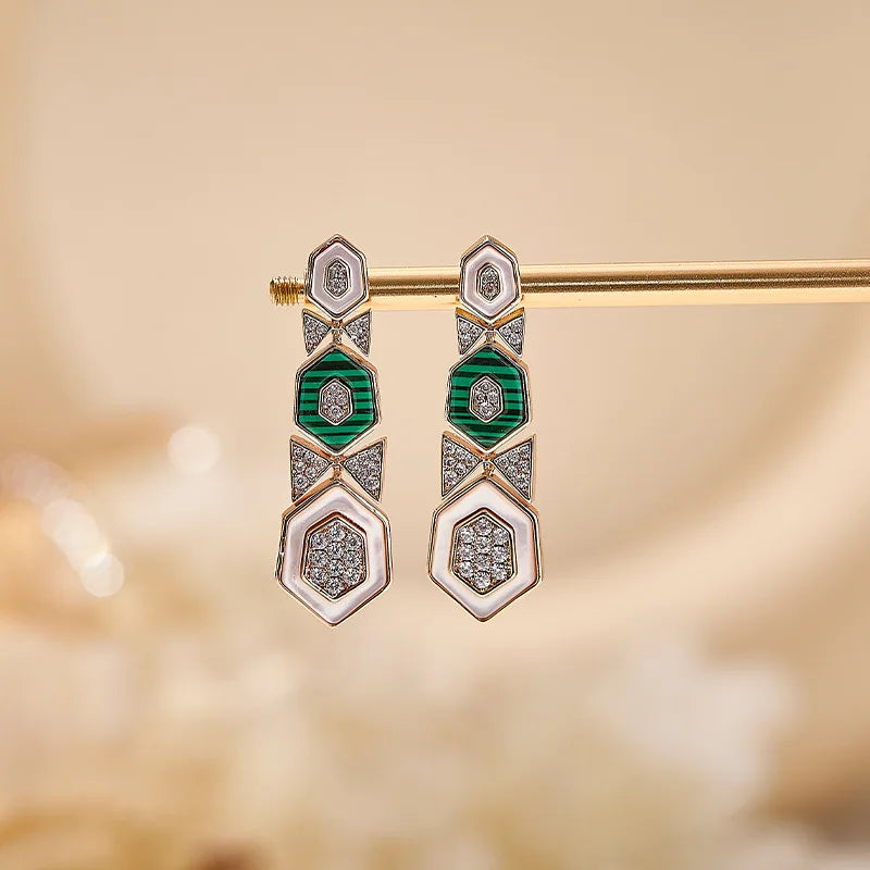 Designer Collection Style Long Stud Earrings Women Lady Inlay Cubic Zircon Mother Of Pearl Malachite Tassels Eardrop