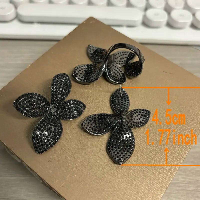Bilincolor Fashion Black Leaf Earrings and Ring Set for Women